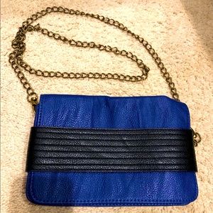 Blue clutch purse with chain strap
